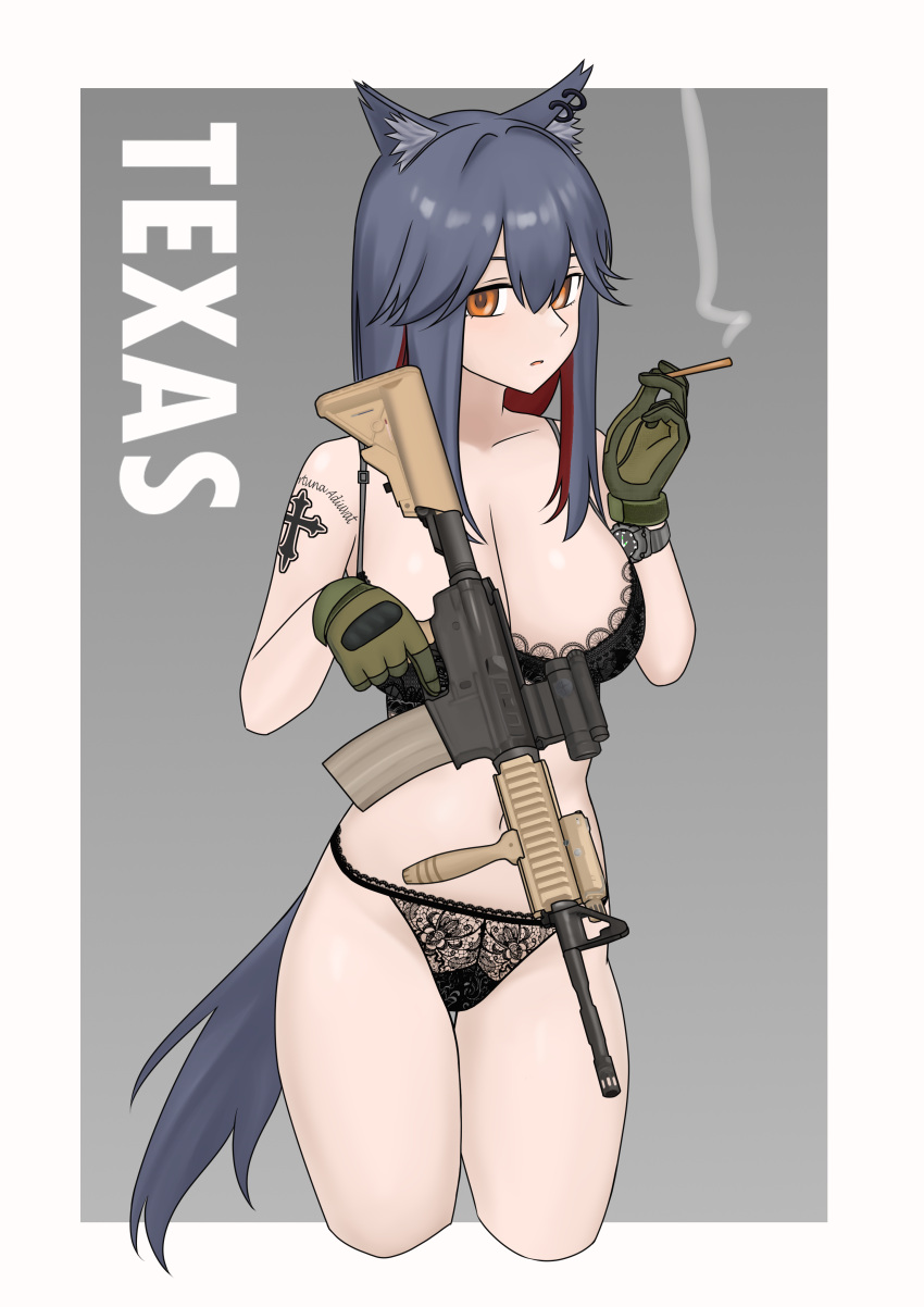 absurdres animal_ear_fluff animal_ear_piercing animal_ears arknights assault_rifle between_fingers black_bra black_panties body_writing border bra breasts character_name chinese_commentary cigarette cleavage colored_inner_hair commentary_request cropped_legs cross cross_tattoo female gloves green_gloves grey_background grey_hair grey_tail gun hair_between_eyes highres holding holding_gun holding_weapon is-8_shi_zhong_zhan_che lace-trimmed_bra lace-trimmed_panties lace_trim large_breasts latin_cross latin_text long_hair looking_at_viewer m4_carbine multicolored_hair navel orange_eyes outside_border panties parted_lips red_hair rifle shoulder_tattoo sidelocks simple_background smoke smoking solo standing tail tattoo texas_(arknights) two-tone_hair underwear underwear_only watch weapon white_border wolf_ears wolf_girl wolf_tail wristwatch