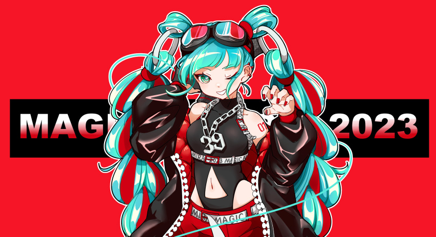 39 absurdres aqua_eyes aqua_hair bare_shoulders belt black_jacket black_shirt blunt_bangs chain_necklace chains clothing_cutout cowboy_shot detached_hair female goggles goggles_on_head grin hair_rings hatsune_miku highres huixiaaa42305 jacket jewelry magical_mirai_miku magical_mirai_miku_(2023) navel navel_cutout necklace number_tattoo one_eye_closed red_background red_nails ring_hair_ornament shirt sleeveless smile solo tattoo vocaloid