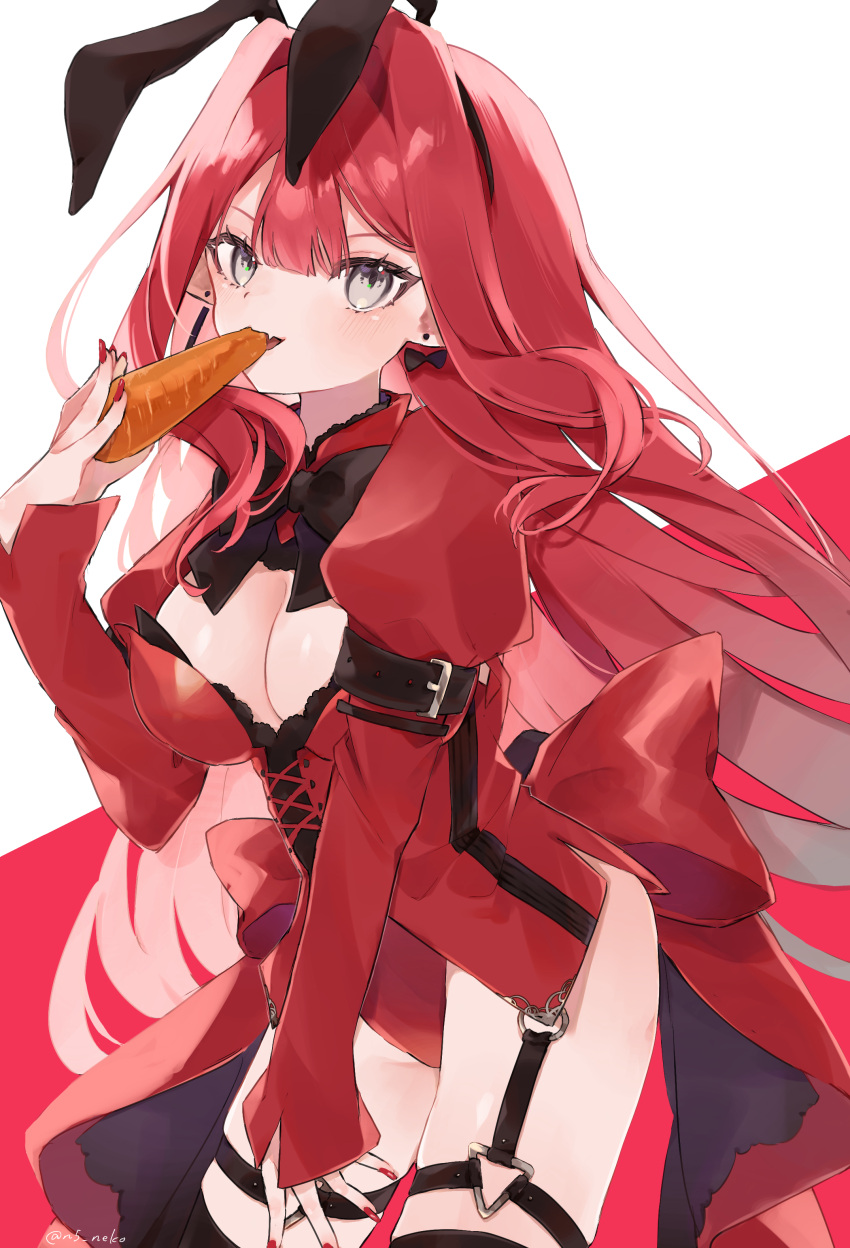 absurdres animal_ears baobhan_sith_(fate) black_bow blush bow bowtie breasts carrot cleavage cross-laced_clothes earrings eating fake_animal_ears fate/grand_order fate_(series) female food grey_eyes hand_up highres holding holding_food jewelry leotard long_hair long_sleeves looking_at_viewer multicolored_background nail_polish neko_(h_i05) oerba_yun_fang open_mouth playboy_bunny rabbit_ears red_bow red_hair red_leotard red_nails sidelocks skin_fang solo thighs white_background