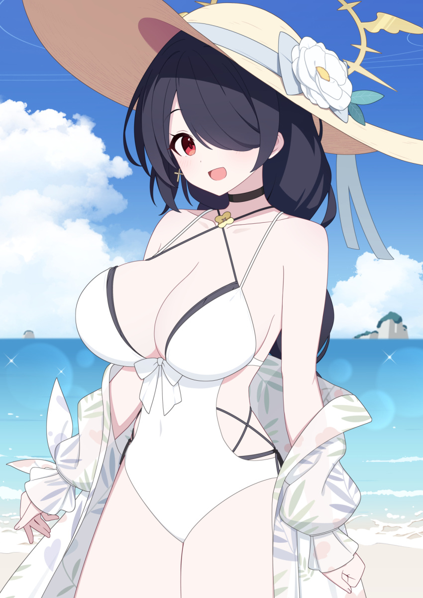 bell_(oppore_coppore) bikini black_bikini blue_archive braid braided_ponytail breasts casual_one-piece_swimsuit clothing_cutout criss-cross_halter cross cross_earrings double_bikini earrings female flower hair_over_one_eye halo halterneck hat hat_flower highres hinata_(blue_archive) hinata_(swimsuit)_(blue_archive) jewelry large_breasts layered_swimsuit official_alternate_costume one-piece_swimsuit one_eye_covered side_cutout solo straw_hat sun_hat swimsuit white_one-piece_swimsuit yellow_halo yellow_hat