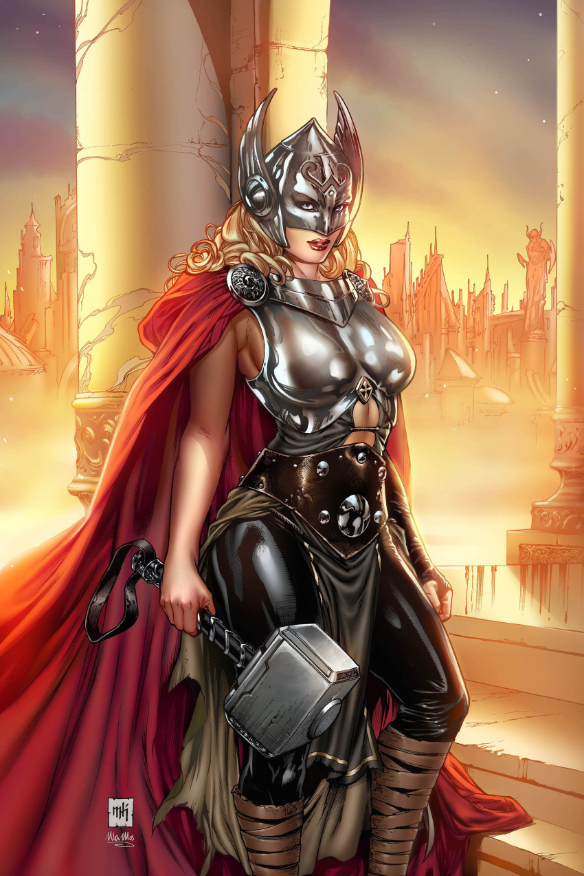 absurdres armor artist_logo black_gloves black_pants blonde_hair blue_eyes breastplate breasts cape cityscape elbow_gloves female fingerless_gloves gloves hammer helmet highres holding holding_hammer jane_foster latex_pants leg_wrap long_hair looking_at_viewer marvel medium_breasts mike_krome mjolnir_(marvel) pants pelvic_curtain red_cape red_lips single_bare_arm single_glove solo thor_(jane_foster) winged_helmet