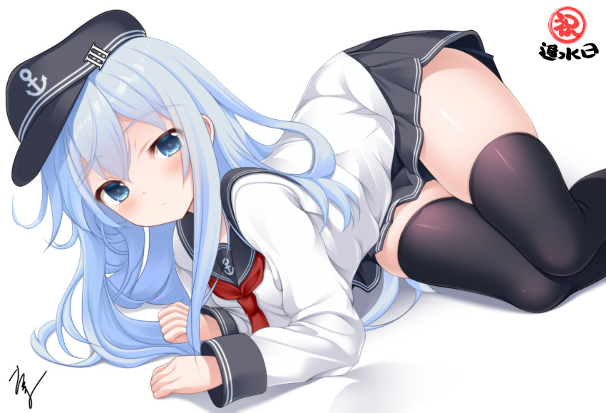 anchor_symbol black_thighhighs blue_eyes blush feet_out_of_frame female flat_cap grey_hair hat hibiki_(kancolle) highres kantai_collection long_hair looking_at_viewer lying neckerchief pleated_skirt red_neckerchief sailor_collar school_uniform serafuku signature simple_background skirt solo takuma_(takumo7121) thighhighs thighs white_background zettai_ryouiki