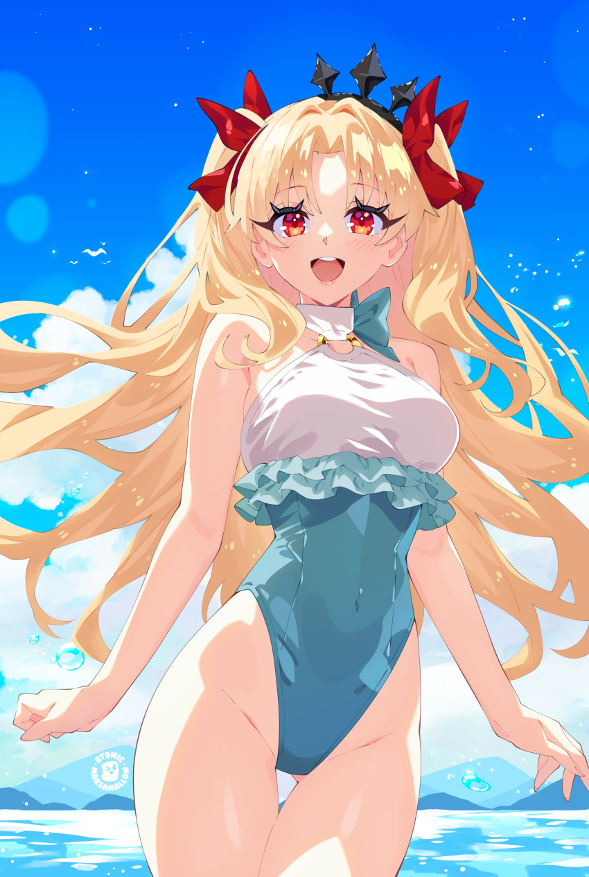 absurdres ass_visible_through_thighs atomicmrshmallw black_tiara blonde_hair blue_one-piece_swimsuit blue_sky cloud day english_commentary ereshkigal_(fate) fate/grand_order fate_(series) frilled_one-piece_swimsuit frills highleg highleg_one-piece_swimsuit highres long_hair looking_at_viewer o-ring o-ring_swimsuit one-piece_swimsuit open_mouth outdoors red_eyes round_teeth sky space_ereshkigal_(fate) space_ereshkigal_(first_ascension)_(fate) swimsuit teeth thigh_gap tiara two-tone_one-piece_swimsuit two-tone_swimsuit two_side_up upper_teeth_only