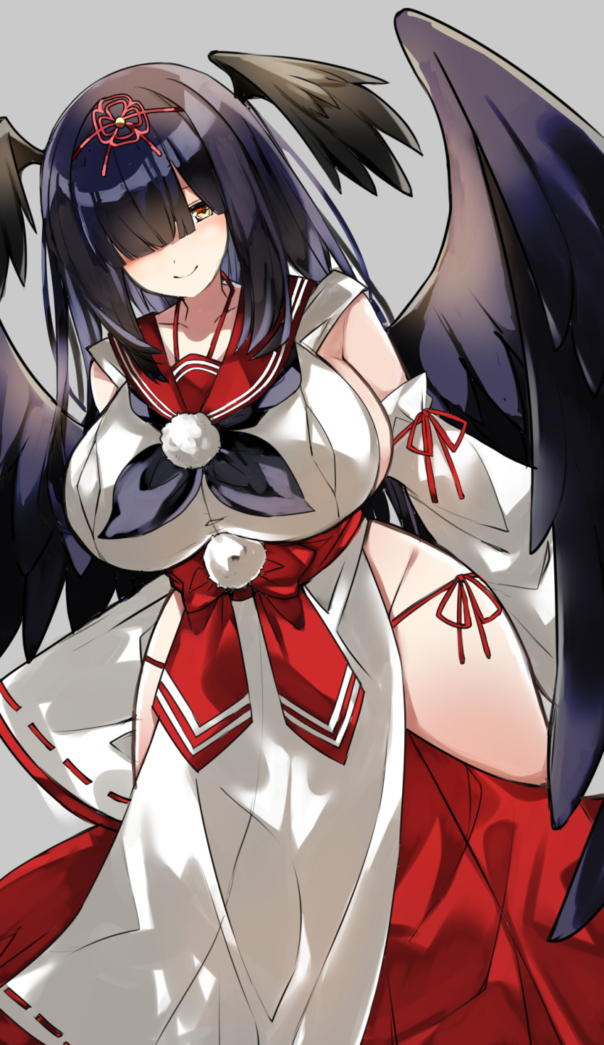 black_hair black_wings blunt_bangs bombergirl breasts collarbone cowboy_shot detached_sleeves feathered_wings female groin_tendon highres hiiro_(bomber_girl) hip_vent huge_breasts long_hair nontraditional_miko one_eye_covered panties pelvic_curtain side-tie_panties sideboob sidelocks smile solo tengu underwear urabanasimati very_long_hair wide_hips wings yellow_eyes