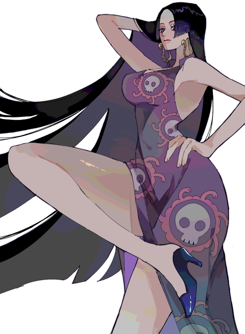 bakakokithakan black_hair boa_hancock breasts dress earrings female from_side hand_in_own_hair hand_on_own_hip high_heels highres jewelry leg_up long_hair looking_at_viewer one_piece purple_dress purple_eyes side_slit snake_earrings thighs