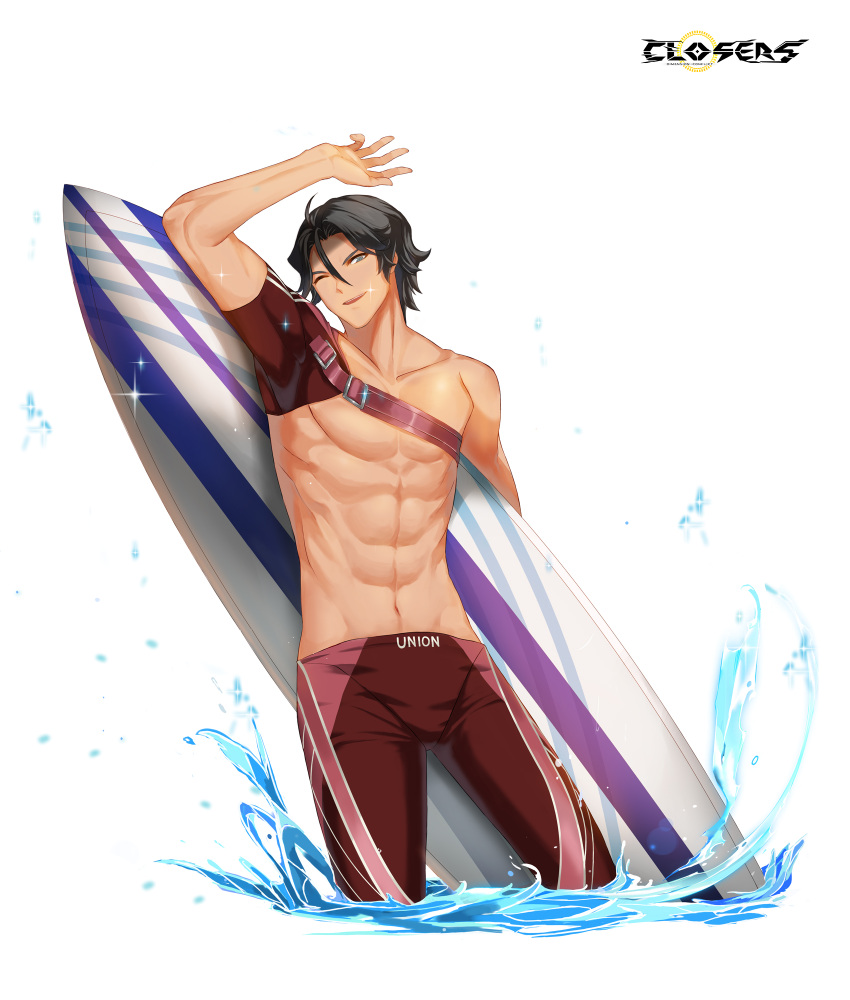 1boy ;d abs alternate_hair_color arm_up black_hair closers collarbone copyright_name covered_armpit cowboy_shot detached_sleeves hand_up highres holding holding_surfboard j_(closers) legskin logo looking_at_viewer male_focus male_swimwear navel official_art one_eye_closed parted_bangs parted_lips pectorals red_male_swimwear red_sleeves short_hair short_sleeves single_bare_shoulder single_detached_sleeve smile solo surfboard tan toned toned_male topless_male variant_set wading water white_background