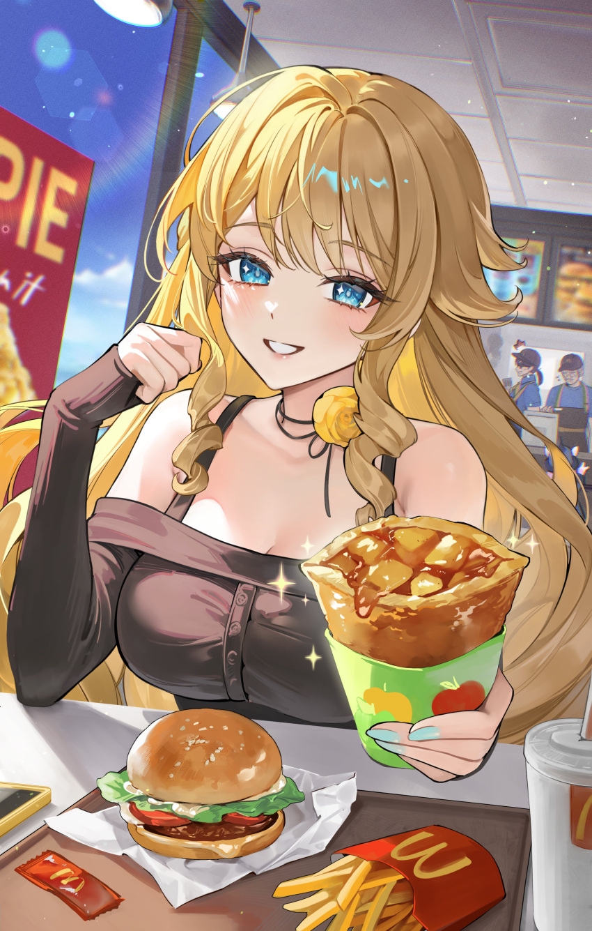 2boys absurdres alternate_costume bare_shoulders blonde_hair blue_eyes burger chips_(food) drill_hair female flower food genshin_impact highres holding holding_food long_sleeves looking_at_viewer melus_(genshin_impact) multiple_boys navia_(genshin_impact) neck_flower off_shoulder outdoors parted_lips potato_chips rity silver_(genshin_impact) sitting smile solo_focus yellow_flower