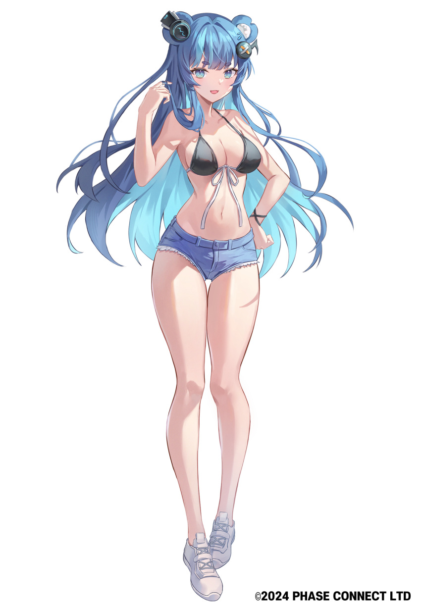 animal_ears bear_ears bear_girl bikini black_bikini blue_eyes blue_hair blue_shorts breasts cleavage collarbone copyright_notice female fujikura_uruka full_body greenapple hair_ornament headphones highres long_hair multicolored_hair musical_note musical_note_hair_ornament navel open_mouth phase_connect shadow shoes short_shorts shorts solo swimsuit twirling_hair two-tone_hair virtual_youtuber white_footwear