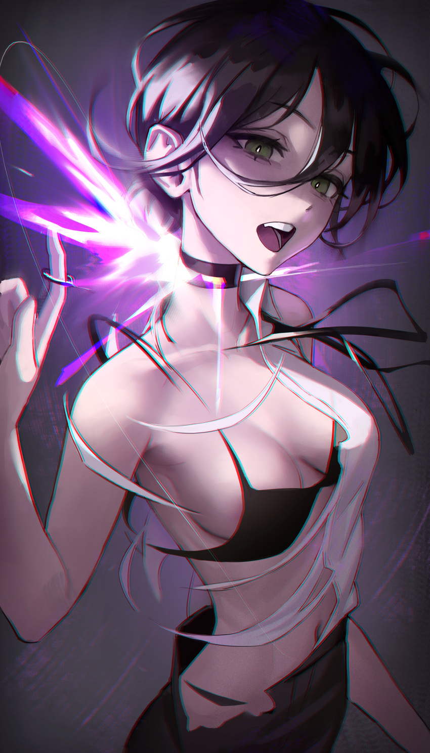 absurdres black_bra black_hair bra breasts chainsaw_man chromatic_aberration collarbone cowboy_shot female green_eyes hair_between_eyes highres long_hair looking_at_viewer medium_breasts navel open_mouth reze_(chainsaw_man) sidelocks solo teeth torn_clothes underwear upper_teeth_only yeayeo_jzat