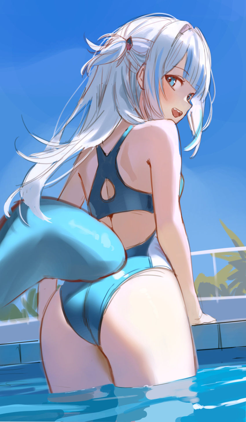 absurdres alternate_costume ass blue_eyes blue_hair blue_one-piece_swimsuit competition_swimsuit female fins fish_tail gawr_gura highres hololive hololive_english multicolored_hair one-piece_swimsuit pantsu_shot pool shark_girl shark_tail sharp_teeth solo streaked_hair swimsuit tail teeth virtual_youtuber white_hair