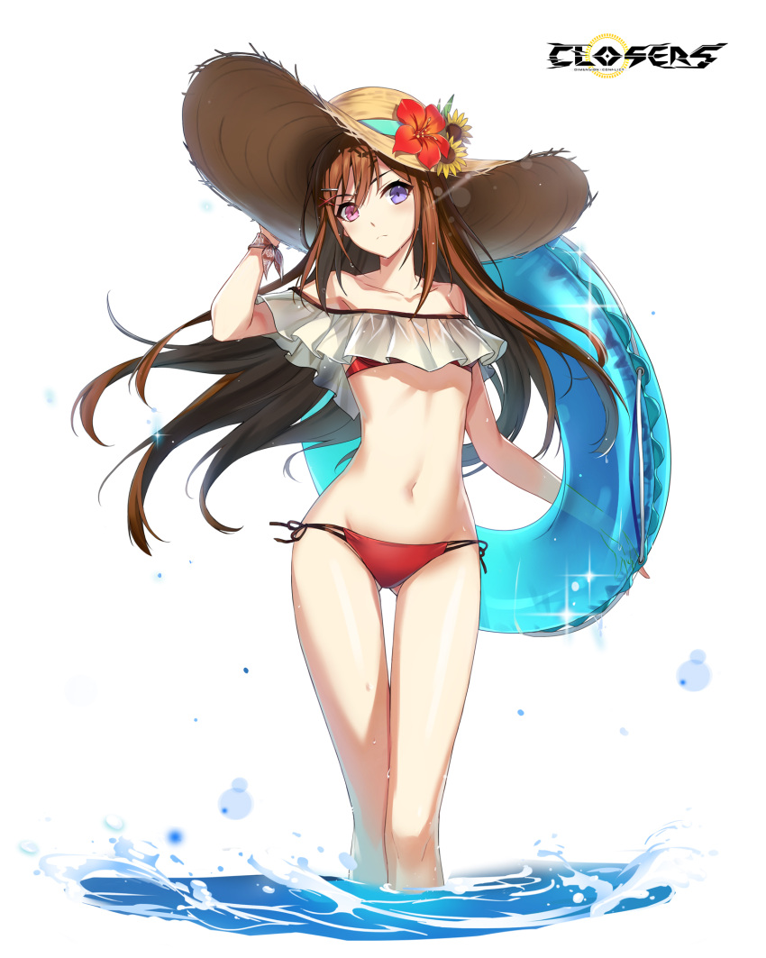 alternate_hair_color ass_visible_through_thighs bai_winchester bare_shoulders bikini blue_innertube blue_ribbon brown_hair closers collarbone copyright_name female floating_hair flower groin hair_between_eyes hand_on_headwear hat hat_flower hat_ribbon heterochromia hibiscus highres holding innertube logo long_hair looking_at_viewer navel off_shoulder official_art pink_eyes purple_eyes red_bikini red_flower ribbon side-tie_bikini_bottom simple_background solo standing stomach straw_hat string_bikini sun_hat sunflower swim_ring swimsuit thighs variant_set very_long_hair wading water white_background wrist_ribbon