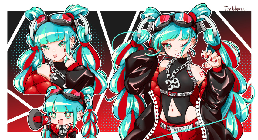 39 :p absurdres aqua_eyes aqua_hair artist_name bare_shoulders belt black_jacket black_shirt blunt_bangs chain_necklace chains chibi chibi_inset clothing_cutout detached_hair female goggles goggles_on_head grin hair_rings hatsune_miku highres huixiaaa42305 jacket jewelry magical_mirai_(vocaloid) magical_mirai_miku magical_mirai_miku_(2023) multiple_views navel navel_cutout necklace number_tattoo one_eye_closed red_nails ring_hair_ornament shirt sleeveless smile tattoo tongue tongue_out vocaloid