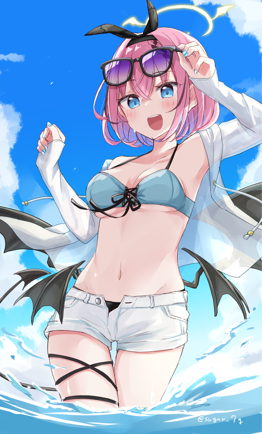 :d absurdres adjusting_eyewear alternate_costume aqua_nails bikini blue_bikini blue_eyes blush breasts demon_tail demon_wings denim denim_shorts eyewear_on_head female hair_ribbon halo highres in_water jacket low_wings medium_breasts otokado_ruki pink_hair ribbon see-through see-through_jacket shorts smile solo sugar_7g sunglasses swimsuit tail teeth twitter_username upper_teeth_only vee_(vtuber) virtual_youtuber white_jacket wings