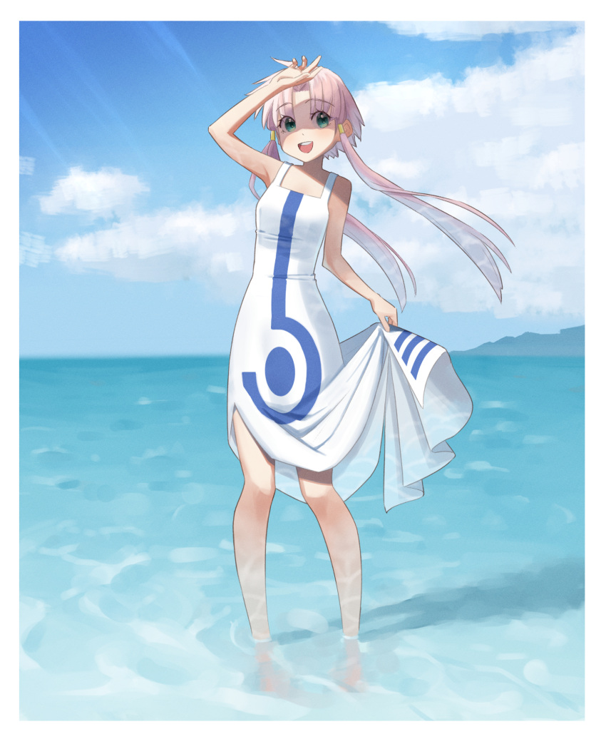 :d aria_(manga) aria_company_uniform arm_up armpits ayame310 bare_shoulders barefoot blue_sky blush border breasts cloud cloudy_sky commentary dress female full_body green_eyes hair_tubes highres looking_at_viewer mizunashi_akari ocean open_mouth outdoors parted_bangs pink_hair print_dress short_hair_with_long_locks skirt_hold sky small_breasts smile solo teeth upper_teeth_only wading white_border white_dress