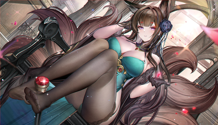 absurdres alternate_costume amagi_(azur_lane) animal_ears azur_lane bare_shoulders black_gloves black_pantyhose blush breasts brown_hair feet female fox_ears fox_girl fox_tail full_body gloves hair_ornament hand_in_own_hair heatia highres large_breasts legs long_hair looking_at_viewer multiple_tails pantyhose parted_lips purple_eyes sitting smile tail thighs toes