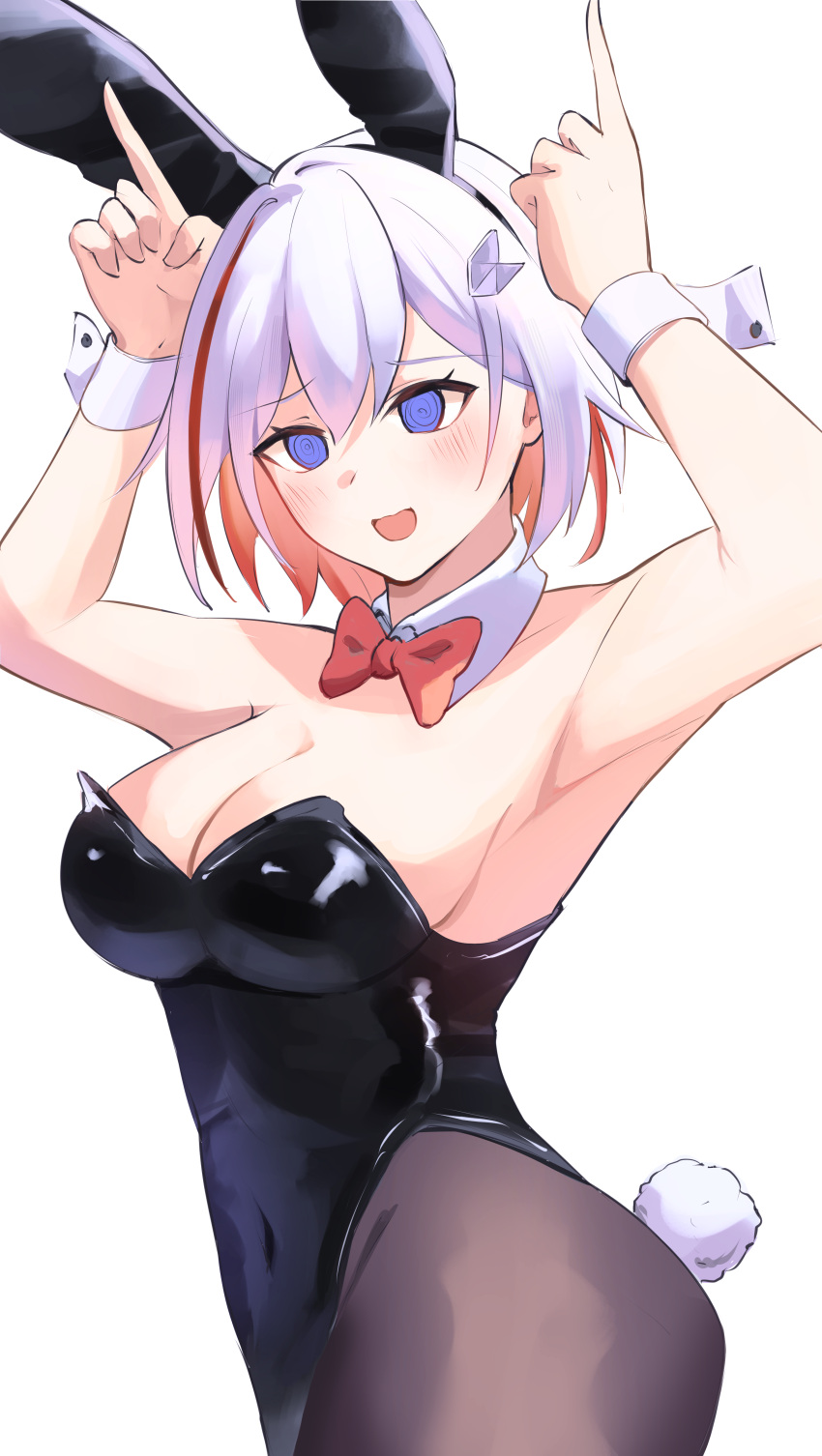 @_@ absurdres animal_ears armpits bare_shoulders black_leotard black_thighhighs blue_eyes bow bowtie breasts cleavage english_commentary fake_animal_ears fake_tail female hair_ornament highleg highleg_leotard highres honkai:_star_rail honkai_(series) large_breasts leotard multicolored_hair open_mouth playboy_bunny rabbit_ears rabbit_tail red_bow red_bowtie red_hair ryz_(ujrn7248) short_hair sideboob simple_background solo streaked_hair tail thighhighs topaz_(honkai:_star_rail) two-tone_hair white_background white_hair wrist_cuffs