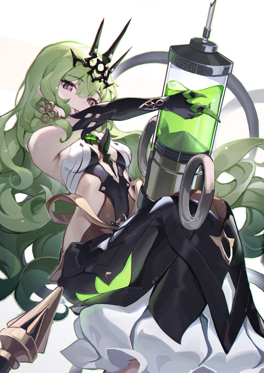 artist_name asc11 bare_shoulders black_dress black_gloves black_tiara breasts center_opening clothing_cutout dress elbow_gloves female gloves green_eyes highres holding holding_syringe honkai_(series) honkai_impact_3rd large_syringe long_hair looking_at_viewer mobius_(honkai_impact) oversized_object side_cutout slit_pupils small_breasts solo spikes syringe tiara tongue white_background