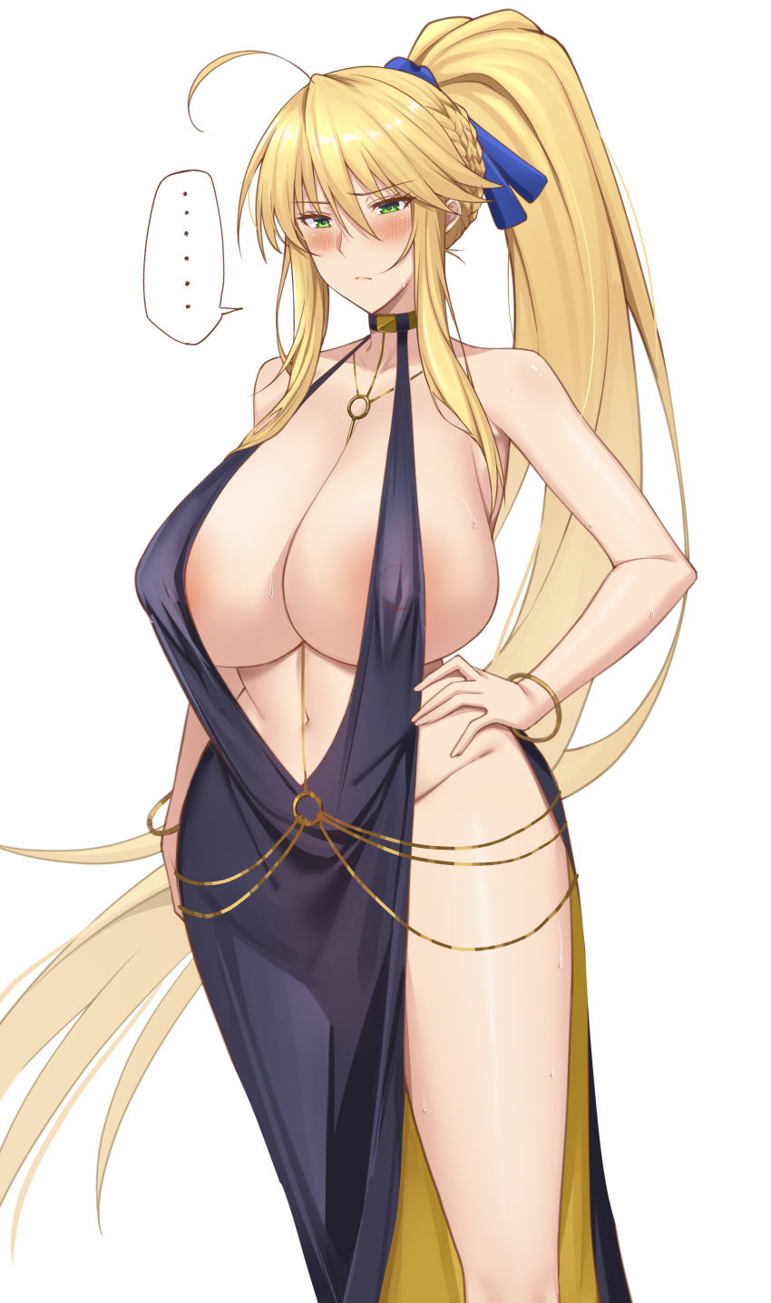 absurdres ahoge artoria_pendragon_(fate) artoria_pendragon_(lancer)_(fate) bb_dubai_(fate) bb_dubai_(fate)_(cosplay) belly_chain black_dress blonde_hair blue_ribbon bracelet braid breasts center_opening chains cocktail_dress cosplay dress fate/grand_order fate_(series) female gold_chain gold_dress green_eyes hair_between_eyes hair_ribbon hand_on_own_hip highres huge_breasts jewelry long_hair navel necklace nekosama_shugyouchuu ribbon side_slit sidelocks solo striped_clothes two-sided_dress two-sided_fabric vertical-striped_clothes very_long_hair