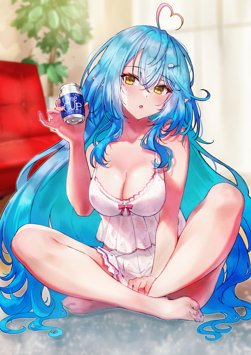 absurdres ahoge alcohol barefoot blue_hair breasts camisole cleavage crossed_legs cruzango0510 cup female heart heart_ahoge highres holding holding_cup hololive large_breasts long_hair on_floor pink_camisole pointy_ears sitting virtual_youtuber yellow_eyes yukihana_lamy yukihana_lamy_(loungewear)