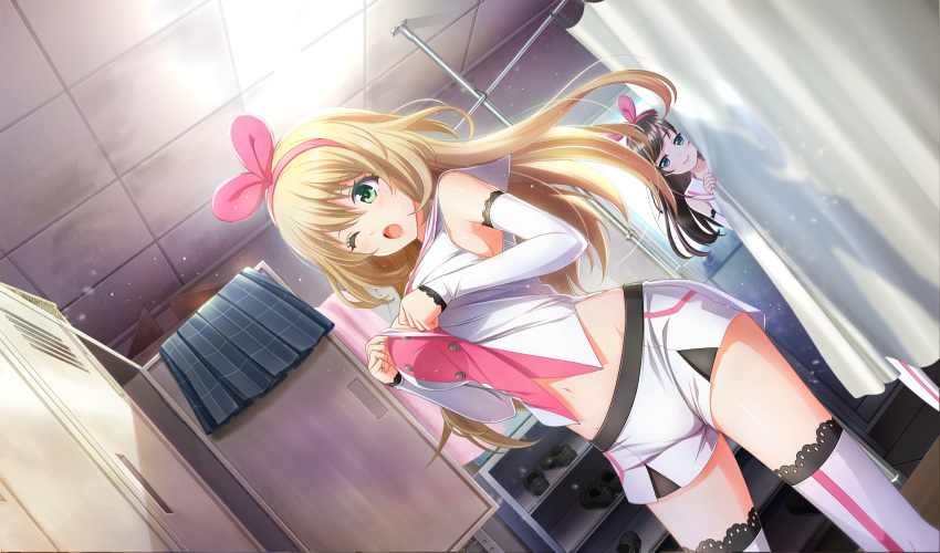 2girls ;o blonde_hair blue_eyes breasts brown_hair ceiling cinderella_series closed_mouth cosplay detached_sleeves dressing dutch_angle film_grain game_cg green_eyes grey_skirt hachigatsu_no_cinderella_nine hairband highres indoors kizuna_ai kizuna_ai_(cosplay) lace-trimmed_legwear lace-trimmed_sleeves lace_trim loafers locker locker_room long_hair looking_at_another multicolored_hair multiple_girls navel non-web_source nozaki_yuuki official_art one_eye_closed open_mouth pink_hair pink_hairband plaid_clothes plaid_skirt pleated_skirt shirt shoes shorts skirt smile solo_focus tile_ceiling tiles unworn_shoes unworn_skirt white_shorts