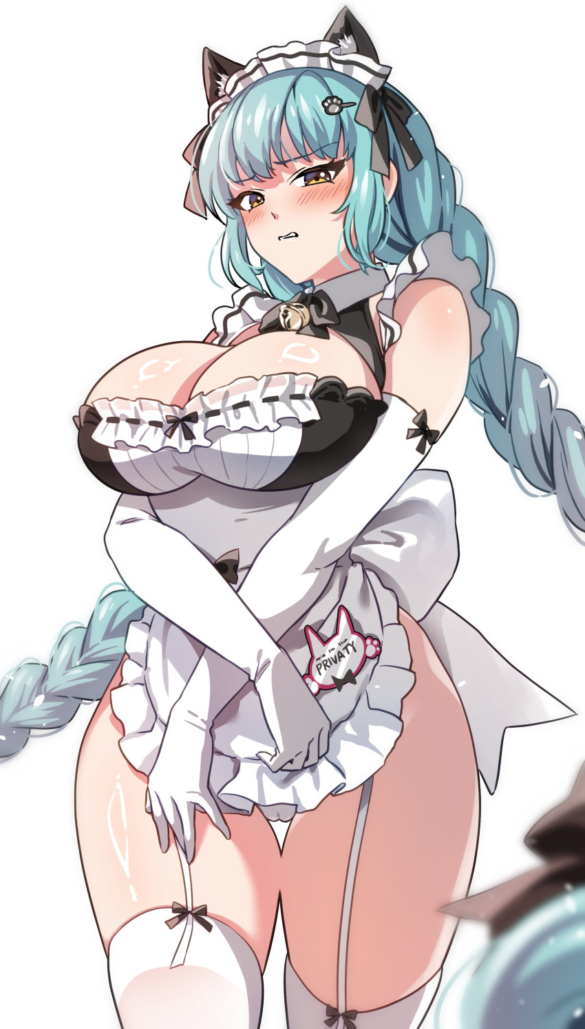 absurdres animal_ears apron aqua_hair bell cat_ears elbow_gloves female garter_straps gloves goddess_of_victory:_nikke highres maid maid_apron maid_headdress neck_bell official_alternate_costume privaty_(nikke) privaty_(unkind_maid)_(nikke) sha_(shareddelicious) solo white_apron white_garter_straps white_gloves white_headdress yellow_eyes