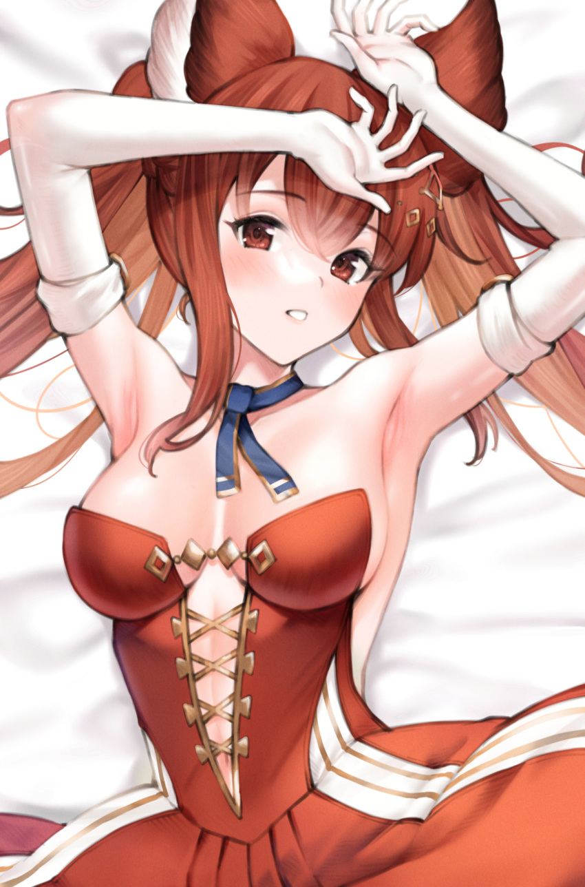 animal_ears anthuria armpits breasts cleavage commentary_request dress elbow_gloves erune female gloves granblue_fantasy highres koretsuki_azuma long_hair looking_at_viewer lying medium_breasts on_back red_dress red_eyes red_hair revision solo twintails white_gloves