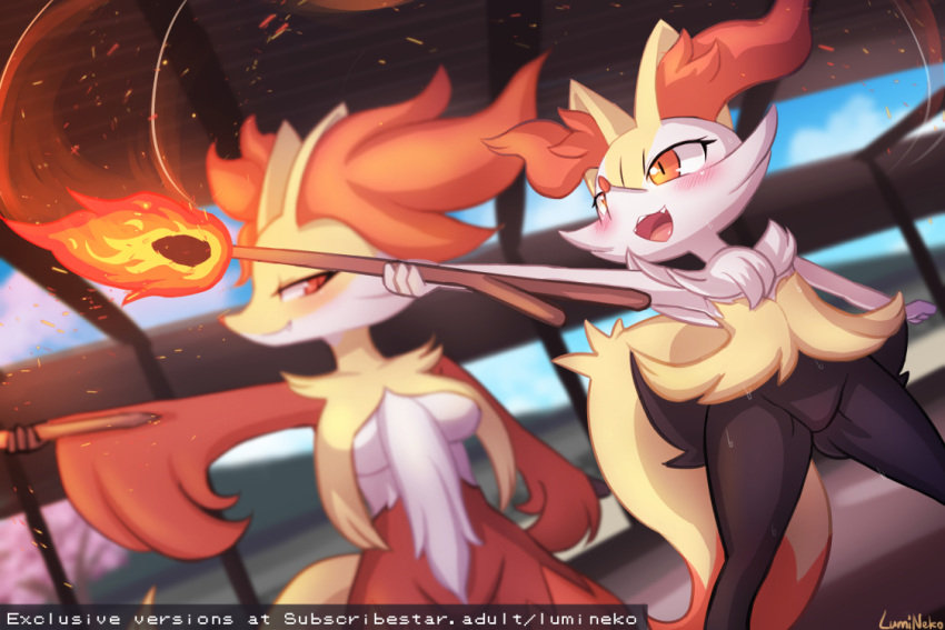 2024 3:2 age_difference anthro biped black_body blush bodily_fluids braixen brown_body cheek_tuft closed_smile delphox duo facial_tuft female fire fluffy fluffy_tail generation_6_pokemon holding_object holding_stick inner_ear_fluff larger_female looking_at_another lumineko mouth_closed multicolored_body nintendo nude older_female open_mouth pokemon pokemon_(species) pupils size_difference slit_pupils smaller_female smile snaggle_tooth stick sweat tail teeth tongue tuft white_body younger_female