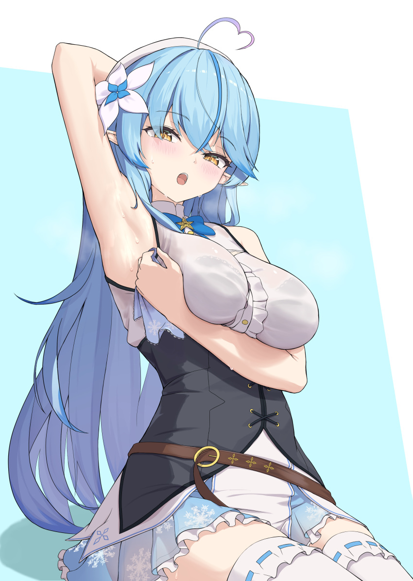 :o absurdres ahoge arm_behind_head armpit_focus armpits bare_shoulders belt beret black_corset blue_bow blue_bowtie blue_hair blue_skirt blush bow bowtie bra_visible_through_clothes breasts brown_belt colored_tips corset crossed_bangs elf female flower hair_between_eyes hair_flower hair_ornament hat heart heart_ahoge highres holding holding_towel hololive large_breasts left_(left_sio) long_hair looking_at_viewer multicolored_hair o-ring o-ring_belt open_mouth pointy_ears presenting_armpit see-through see-through_shirt shirt sitting skirt sleeveless sleeveless_shirt snowflake_print solo streaked_hair sweat sweaty_armpits thighhighs thighs towel very_long_hair virtual_youtuber white_flower white_hat white_shirt white_thighhighs yellow_eyes yukihana_lamy yukihana_lamy_(1st_costume)