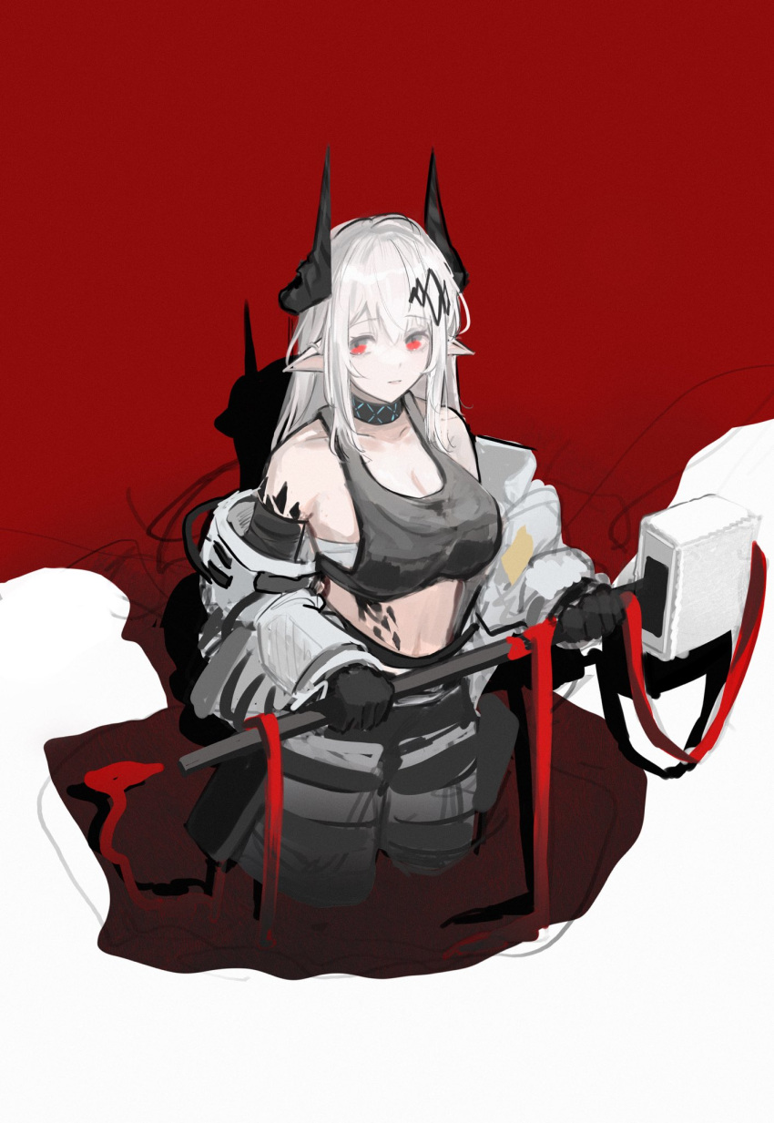 arknights bandages bare_shoulders black_gloves black_sports_bra breasts cleavage crop_top demon_horns female gloves grey_jumpsuit hammer highres holding holding_hammer horns infection_monitor_(arknights) jumpsuit kotowaza large_breasts long_hair material_growth midriff mudrock_(arknights) mudrock_(elite_ii)_(arknights) navel open_jumpsuit oripathy_lesion_(arknights) pointy_ears red_background red_eyes simple_background sledgehammer solo sports_bra stomach white_hair