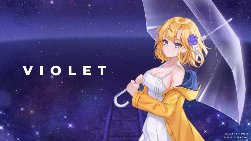 2nii blonde_hair blue_eyes breasts cosplay costume_switch dress english_text flower hair_flower hair_ornament highres holding holding_umbrella hololive hololive_english large_breasts medium_hair ninomae_ina'nis official_alternate_costume official_art raincoat umbrella watson_amelia white_dress yellow_raincoat