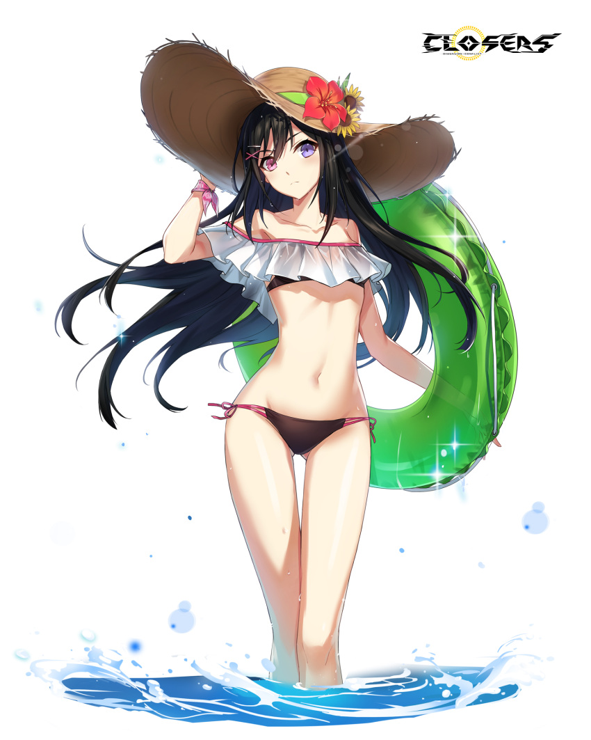 ass_visible_through_thighs bai_winchester bare_shoulders bikini black_bikini black_hair closers collarbone copyright_name female floating_hair flower green_innertube green_ribbons groin hair_between_eyes hand_on_headwear hat hat_flower hat_ribbon heterochromia hibiscus highres holding innertube logo long_hair looking_at_viewer navel off_shoulder official_art pink_eyes purple_eyes red_flower ribbon side-tie_bikini_bottom simple_background solo standing stomach straw_hat string_bikini sun_hat sunflower swim_ring swimsuit thighs variant_set very_long_hair wading water white_background wrist_ribbon