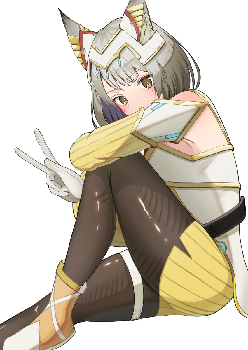 absurdres animal_ear_fluff animal_ears armpit_crease blush cat_ears cat_girl commentary_request eteko_(eteco30) female grey_hair highres looking_at_viewer medium_hair nia_(xenoblade) pantyhose simple_background sitting solo thighs v white_background xenoblade_chronicles_(series) xenoblade_chronicles_2 yellow_eyes