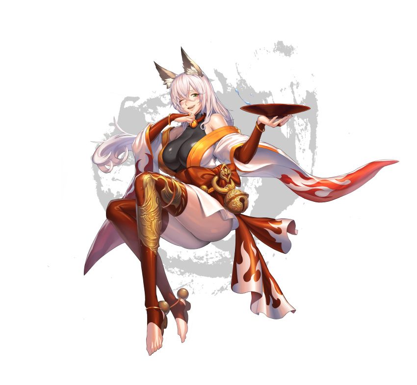 absurdres animal_ears bare_shoulders bell blush bracelet bridal_gauntlets crossed_legs cup drooling drunk english_commentary feet female fingernails flame_print floating fox_ears fox_girl gold_bracelet grey_background hair_between_eyes happy highres japanese_clothes jewelry jingle_bell kimono long_fingernails long_hair looking_at_viewer mouth_drool neck_bell oerba_yun_fang original podoherb red_rope rope sakazuki sitting smile solo stirrup_legwear teeth toeless_legwear toenails two-tone_background upper_teeth_only white_background white_hair white_kimono