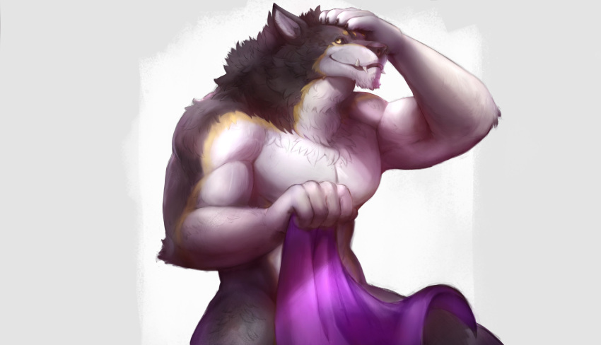 absurd_res anthro arm_tuft biceps blizzard_entertainment canid canine canis clawed_fingers claws clothing_grab elbow_tuft fangs favonius fur grey_body grey_fur hair hand_on_head hi_res looking_up male mammal multicolored_hair muscular muscular_anthro muscular_male mythological_canine mythological_creature mythology neck_tuft notsophatmatt purple_cloth smile solo teeth towel towel_only triceps tuft warcraft were werecanid werecanine werewolf white_body white_fur wolf worgen yellow_body yellow_fur yellow_sclera