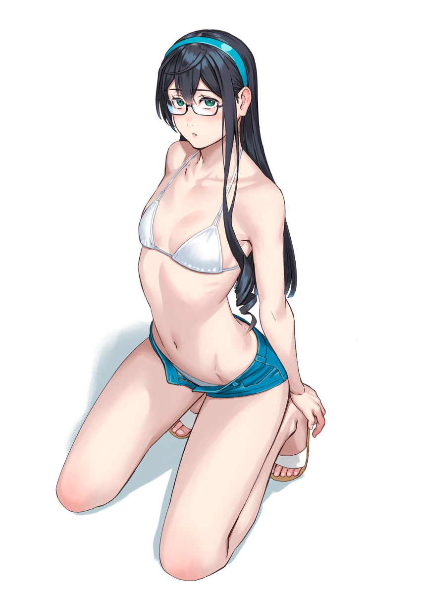 bikini denim denim_shorts female glasses green_eyes headband highres kantai_collection kneeling long_hair looking_at_viewer navel ooyodo_(kancolle) sandals shorts simple_background solo string_bikini swimsuit white_background white_bikini yuuji_(and)