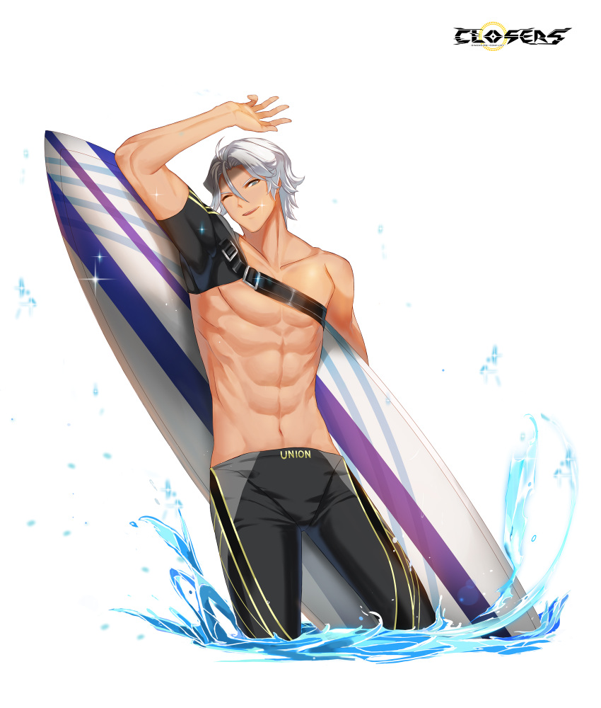 1boy ;d abs arm_up black_male_swimwear black_sleeves closers collarbone copyright_name covered_armpit cowboy_shot detached_sleeves hand_up highres holding holding_surfboard j_(closers) legskin logo looking_at_viewer male_focus male_swimwear navel official_art one_eye_closed parted_bangs parted_lips pectorals short_hair short_sleeves single_bare_shoulder single_detached_sleeve smile solo surfboard tan toned toned_male topless_male variant_set wading water white_background white_hair