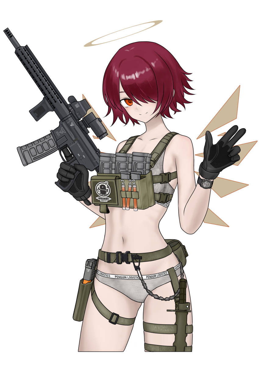 absurdres arknights assault_rifle black_gloves bra brown_halo chest_rig chinese_commentary closed_mouth clothes_writing commentary_request cropped_legs detached_wings exusiai_(arknights) female gloves grey_bra grey_panties gun hair_over_one_eye halo hand_up highres holding holding_gun holding_weapon holstered is-8_shi_zhong_zhan_che looking_at_viewer navel one_eye_covered orange_eyes panties pink_hair rifle sheath sheathed short_hair simple_background smile solo split_mouth standing strap thigh_strap trigger_discipline underwear underwear_only waving weapon white_background wings