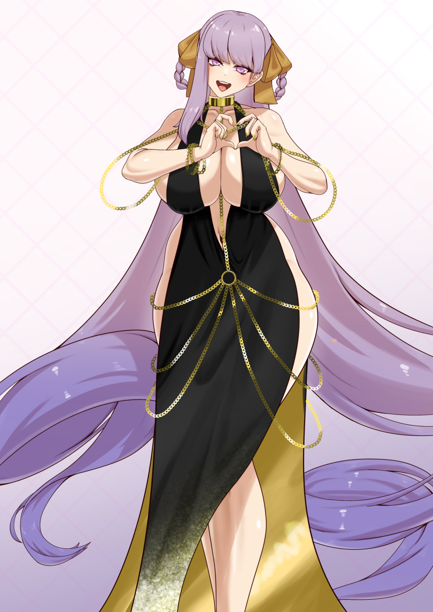 absurdres bare_shoulders bb_(fate) bb_dubai_(fate) belly_chain black_dress blush braid braided_hair_rings breasts center_opening chains cleavage dress fate/grand_order fate_(series) female gold_chain gold_dress hair_ribbon heart heart_hands highres jewelry large_breasts long_hair looking_at_viewer navel necklace oaoqaq open_mouth purple_eyes purple_hair ribbon side_slit smile solo thighs twin_braids two-tone_dress very_long_hair yellow_ribbon