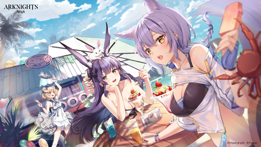 3girls :d animal animal_ear_fluff animal_ears animal_on_head arknights bangs bare_arms bare_shoulders bear_ears bikini bikini_under_clothes black_bikini blonde_hair blue_gloves blue_sailor_collar blue_sky braid breasts cleavage cloud collarbone commentary copyright_name crab cup day dress drinking_glass english_commentary fingerless_gloves floating_hair food fruit frying_pan gloves grey_eyes gummy_(arknights) gummy_(summer_flowers)_(arknights) hair_between_eyes highres holding holding_food holding_spoon ice_cream ice_cream_cone jacket large_breasts long_hair medium_breasts multiple_girls official_art on_head outdoors palm_tree pleated_dress provence_(arknights) provence_(casual_vacation)_(arknights) purple_hair rabbit rabbit_ears red_eyes rope_(arknights) rope_(summer_flowers)_(arknights) rosuuri sailor_collar sailor_dress short_sleeves single_braid sky sleeveless sleeveless_dress smile soft_serve spoon strawberry swimsuit table teeth tree upper_teeth very_long_hair water white_bikini white_dress white_jacket yellow_eyes