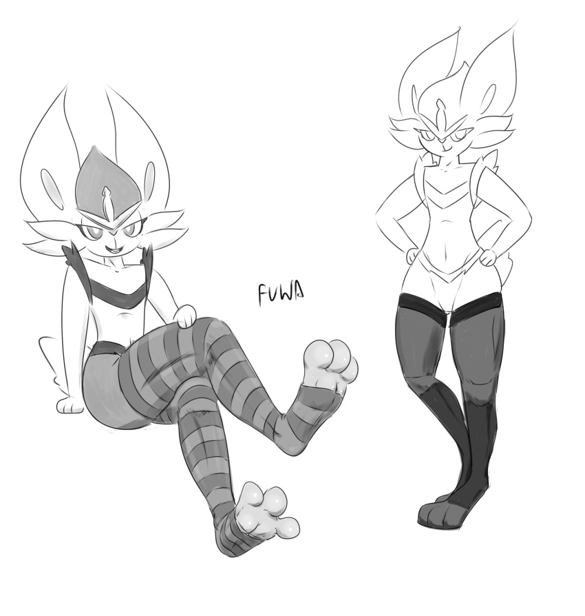 3_toes absurd_res ambiguous_gender anthro big_legs cinderace clothing digital_media_(artwork) feet footwear generation_8_pokemon hi_res hindpaw lagomorph legwear mammal monochrome mr_fuwa nintendo paws plantigrade pokemon pokemon_(species) pose simple_background socks soles solo stockings thick_thighs toes