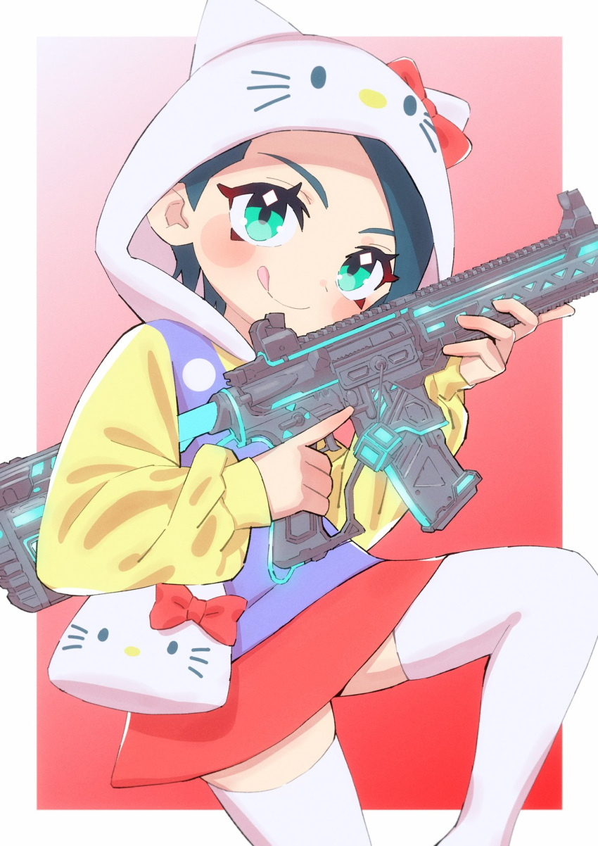 animification assault_rifle blue_hair blush bow cosplay female green_eyes gun h&k_hk416 head_tilt hello_kitty hello_kitty_(character) hello_kitty_(character)_(cosplay) highres holding holding_gun holding_weapon hood hood_up hoodie iechi licking_lips looking_at_viewer playerunknown's_battlegrounds red_bow red_skirt rifle sanrio sara_(pubg) short_hair skirt smile solo thighhighs tongue tongue_out trigger_discipline weapon white_thighhighs yellow_hoodie