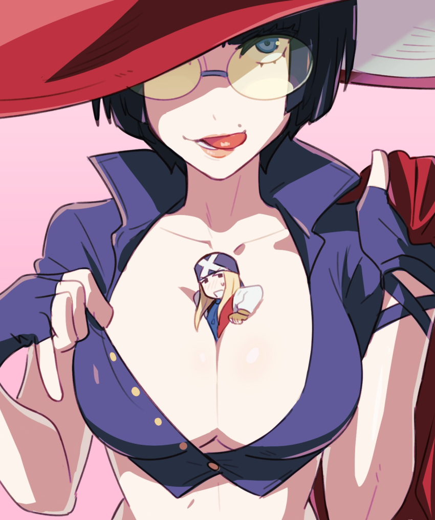 1boy axl_low bad_id bad_twitter_id bbhdrrr belt between_breasts black_gloves black_hair bob_cut breasts choker cleavage collarbone female fingerless_gloves gloves green-tinted_eyewear guilty_gear guilty_gear_strive hat highres i-no jacket large_breasts mini_person miniboy mole mole_above_mouth open_mouth person_between_breasts red_jacket short_hair size_difference sunglasses tinted_eyewear tongue tongue_out witch witch_hat