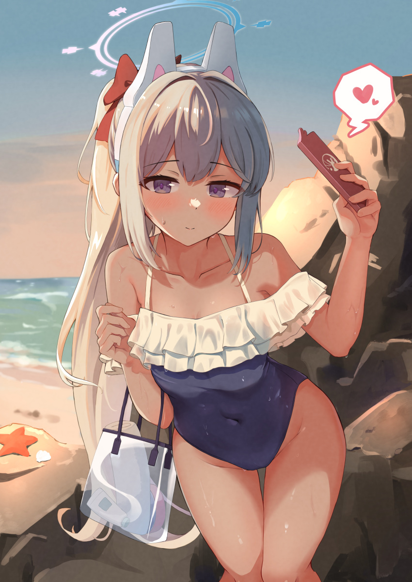 absurdres animal_ears beach blue_archive blue_halo blue_one-piece_swimsuit breasts casual_one-piece_swimsuit collarbone commentary covered_navel facing_viewer fake_animal_ears feet_out_of_frame female frilled_one-piece_swimsuit frills grey_hair hair_ribbon halo hands_up heart highres holding holding_phone kuroliu_9021 leaning_forward long_hair looking_down miyako_(blue_archive) miyako_(swimsuit)_(blue_archive) ocean off-shoulder_one-piece_swimsuit off_shoulder official_alternate_costume one-piece_swimsuit outdoors phone ponytail purple_eyes red_ribbon ribbon sky small_breasts solo spoken_heart standing starfish swimsuit transparent_bag two-tone_one-piece_swimsuit