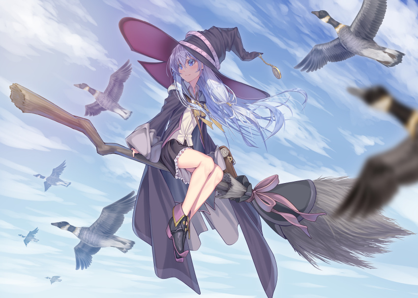 bird black_footwear black_hat black_skirt blue_eyes blue_sky broom broom_riding day elaina_(majo_no_tabitabi) female goose grey_hair harusame_yuuki hat highres long_hair long_sleeves looking_to_the_side majo_no_tabitabi outdoors pink_ribbon ribbon sidesaddle skirt sky smile solo white_hair witch witch_hat