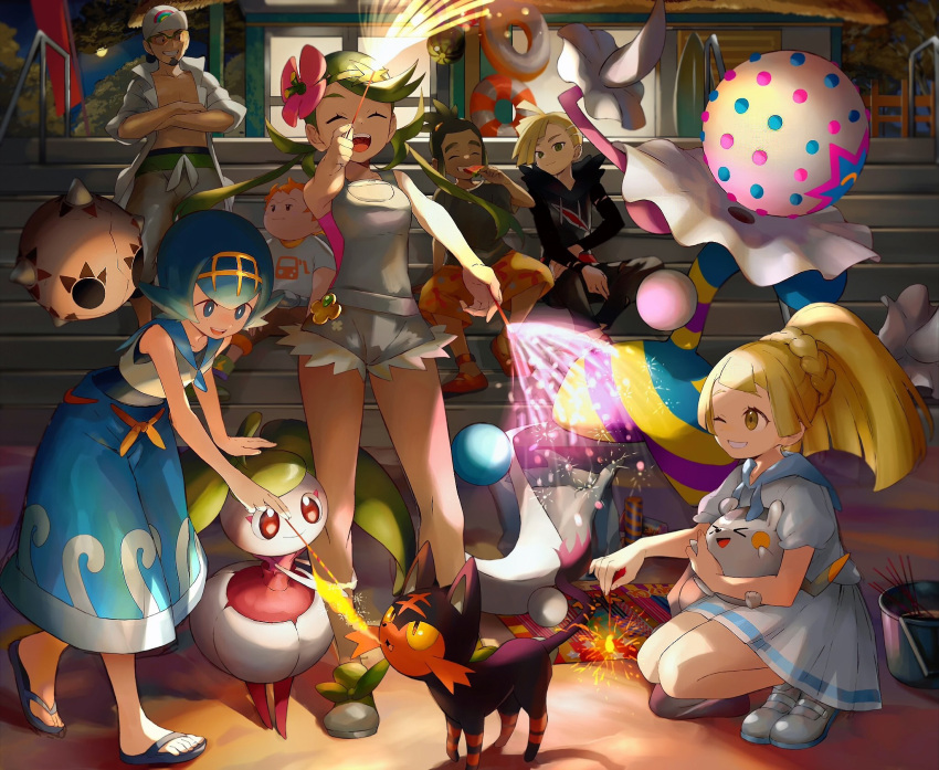 3girls 4boys :d baseball_cap blacephalon blonde_hair blue_eyes blue_hair blue_pants blue_sailor_collar blunt_bangs bright_pupils building capri_pants closed_eyes coat commentary_request eating facial_hair fire fireworks flip-flops flower footwear_ribbon gladion_(pokemon) green_footwear green_hair green_headband grey_overalls grin hairband hand_up happy hat hau_(pokemon) headband highres holding holding_pokemon knees kukui_(pokemon) lab_coat lana_(pokemon) leaning_forward lillie_(pokemon) litten long_hair mallow_(pokemon) minior multiple_boys multiple_girls night one-piece_swimsuit open_clothes open_coat open_mouth orange_mikan outdoors overall_shorts overalls pants pink_flower pink_shirt pleated_skirt pokemon pokemon_(creature) pokemon_sm sailor_collar sand sandals shirt shoes short_hair short_sleeves sitting skirt sleeveless sleeveless_shirt smile sophocles_(pokemon) sparkler squatting stairs standing steenee sunglasses swept_bangs swimsuit swimsuit_under_clothes teeth togedemaru tongue twintails upper_teeth_only wave_print white_pupils white_shirt yellow_hairband