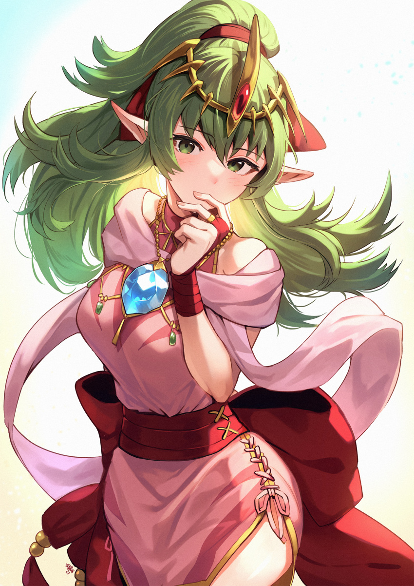 alternate_costume blush breasts bridal_gauntlets chest_jewel commentary cosplay covered_mouth dragonstone dress female fire_emblem fire_emblem:_mystery_of_the_emblem fire_emblem_awakening fire_emblem_heroes floating_hair gem green_eyes green_hair hair_between_eyes hair_ribbon hand_on_own_chin high_ponytail highres jewelry long_hair looking_at_viewer medium_breasts nakabayashi_zun official_alternate_costume pelvic_curtain pink_dress pointy_ears red_ribbon ribbon sash short_dress side_slit signature sleeveless sleeveless_dress solo tiara tiki_(adult)_(fated_divinity)_(fire_emblem) tiki_(adult)_(fire_emblem) tiki_(fire_emblem) tiki_(young)_(fire_emblem) tiki_(young)_(fire_emblem)_(cosplay)