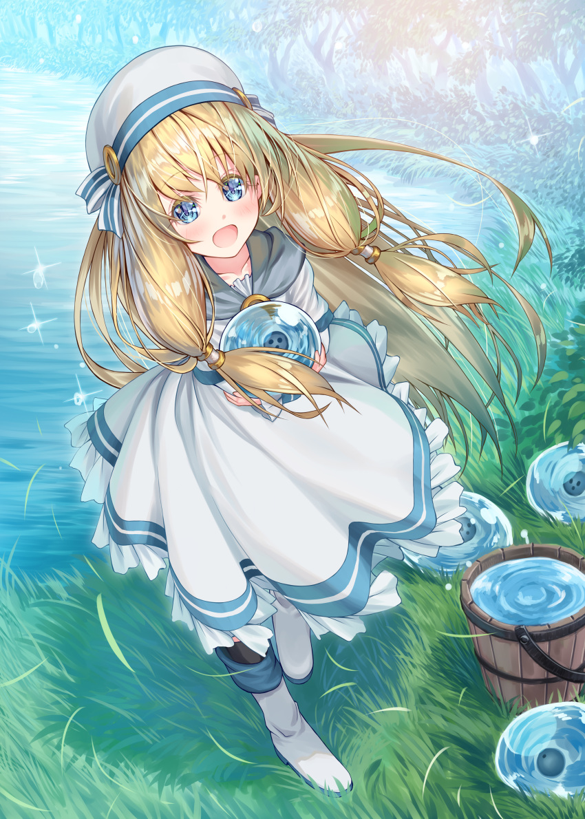 :d absurdres bad_anatomy blonde_hair blue_eyes blush bucket day dress eliaria_jamil female grass harusame_yuuki hat highres kami-tachi_ni_hirowareta_otoko long_hair looking_at_viewer open_mouth outdoors slime_(creature) smile solo standing very_long_hair water white_dress white_footwear white_hat