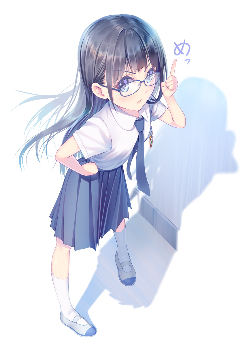 absurdres bad_hands black_hair blue_eyes blue_necktie blue_skirt female glasses hand_on_own_hip hand_up harusame_yuuki highres id_card index_finger_raised long_hair looking_at_viewer necktie open_mouth original school_uniform shadow shoes short_sleeves simple_background skirt solo uwabaki white_footwear