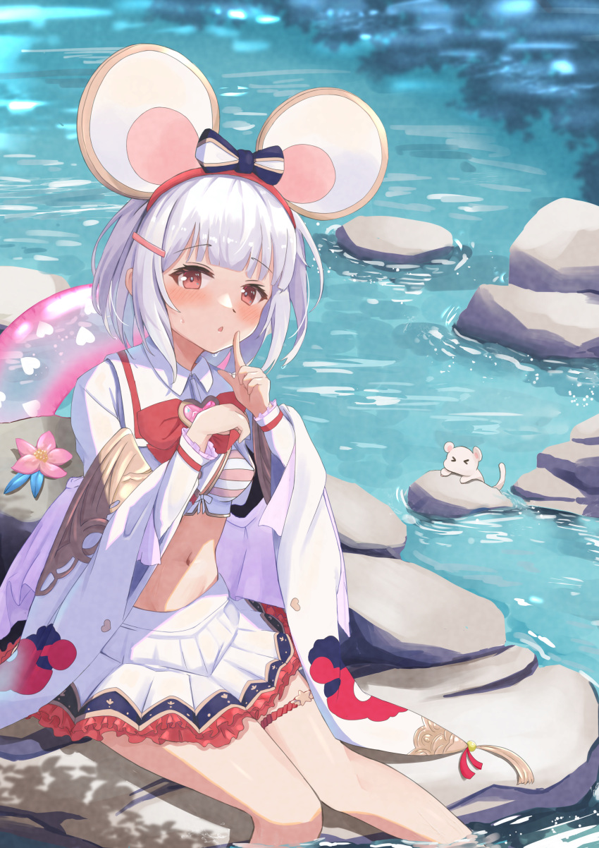 absurdres animal_ears blush collared_shirt commentary cropped_shirt fake_animal_ears female finger_to_mouth frilled_skirt frills granblue_fantasy highres index_finger_raised kuroliu_9021 long_sleeves looking_at_viewer midriff mouse_(animal) mouse_ears navel neck_ribbon outdoors plaid plaid_skirt red_eyes red_ribbon ribbon shirt short_hair shushing skirt soaking_feet solo stream sweat symbol-only_commentary transparent_innertube vikala_(granblue_fantasy) white_hair white_skirt