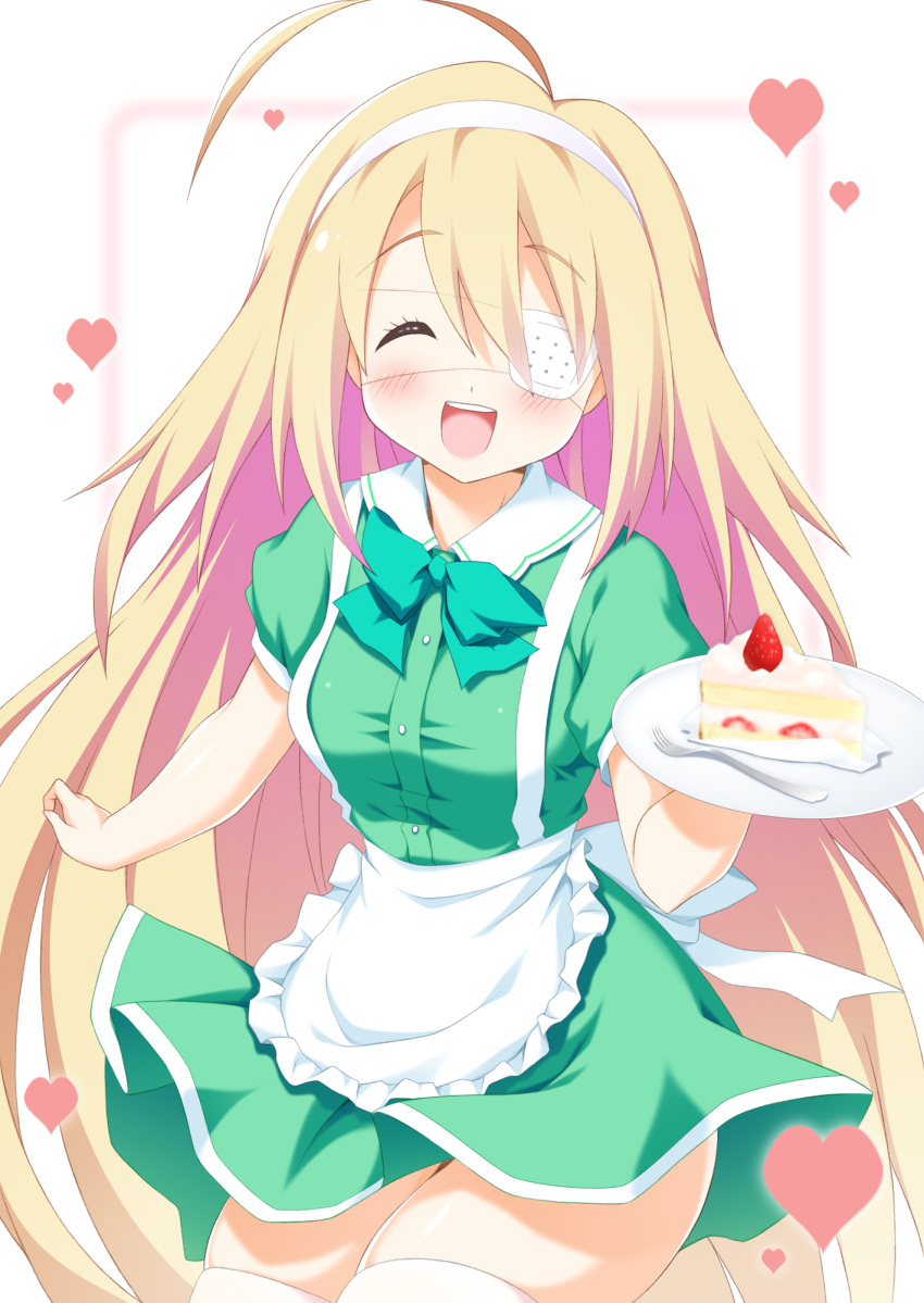 :d ^_^ ahoge apron bad_id bad_pixiv_id blonde_hair blurry blurry_background blush bow breasts cake cake_slice closed_eyes collared_dress commentary_request depth_of_field dress eyepatch facing_viewer female food fork frilled_apron frills fruit green_bow green_dress hair_between_eyes hairband heart highres holding holding_plate long_hair medical_eyepatch open_mouth original plate puffy_short_sleeves puffy_sleeves short_sleeves skindentation small_breasts smile solo strawberry taira_takehiro teeth thighhighs upper_teeth_only very_long_hair waist_apron white_apron white_hairband white_thighhighs